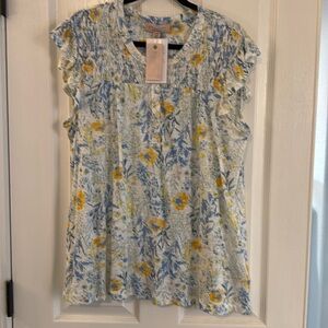 Philosophy Blue/Yellow Floral Print Ruffle Sleeve Blouse- NWT